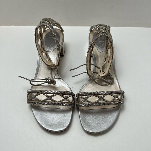 Rene Caovilla Women's Silver Leather Ankle Strap Sandals Size 36 Made In Italy - Picture 1 of 14